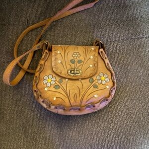 Handcrafted Tan Leather Floral Women Bag